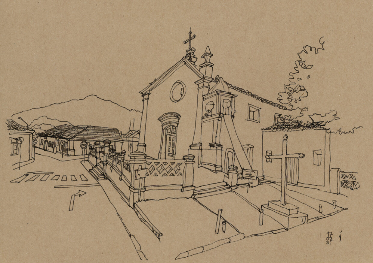 Desenho a traço da igreja em Santo Antônio de Lisboa com casario açoriano ao fundo