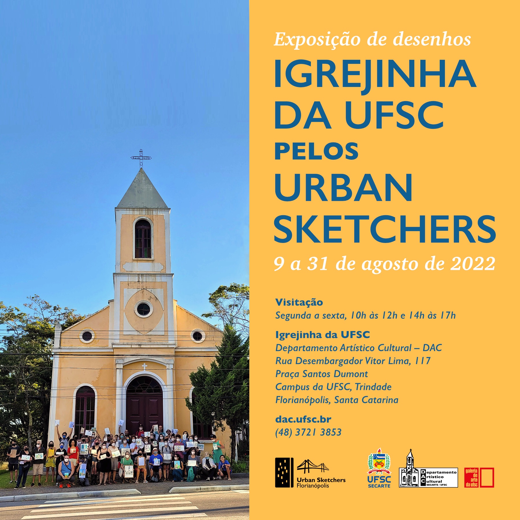 Convite da exposição “Igrejinha da UFSC pelos Urban Sketchers”, de 9 a 31 de agosto na Igrejinha da UFSC