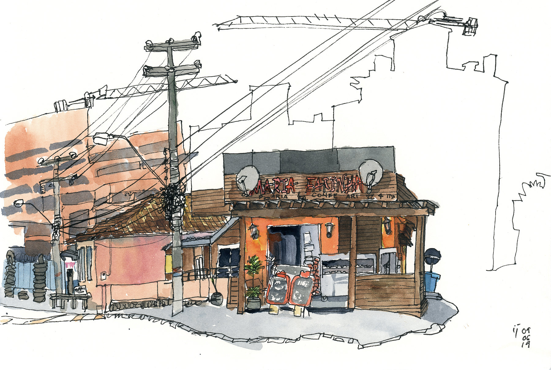 Desenho a traço e aquarela mostrando a padaria Maria Farinha e as casas ao fundo