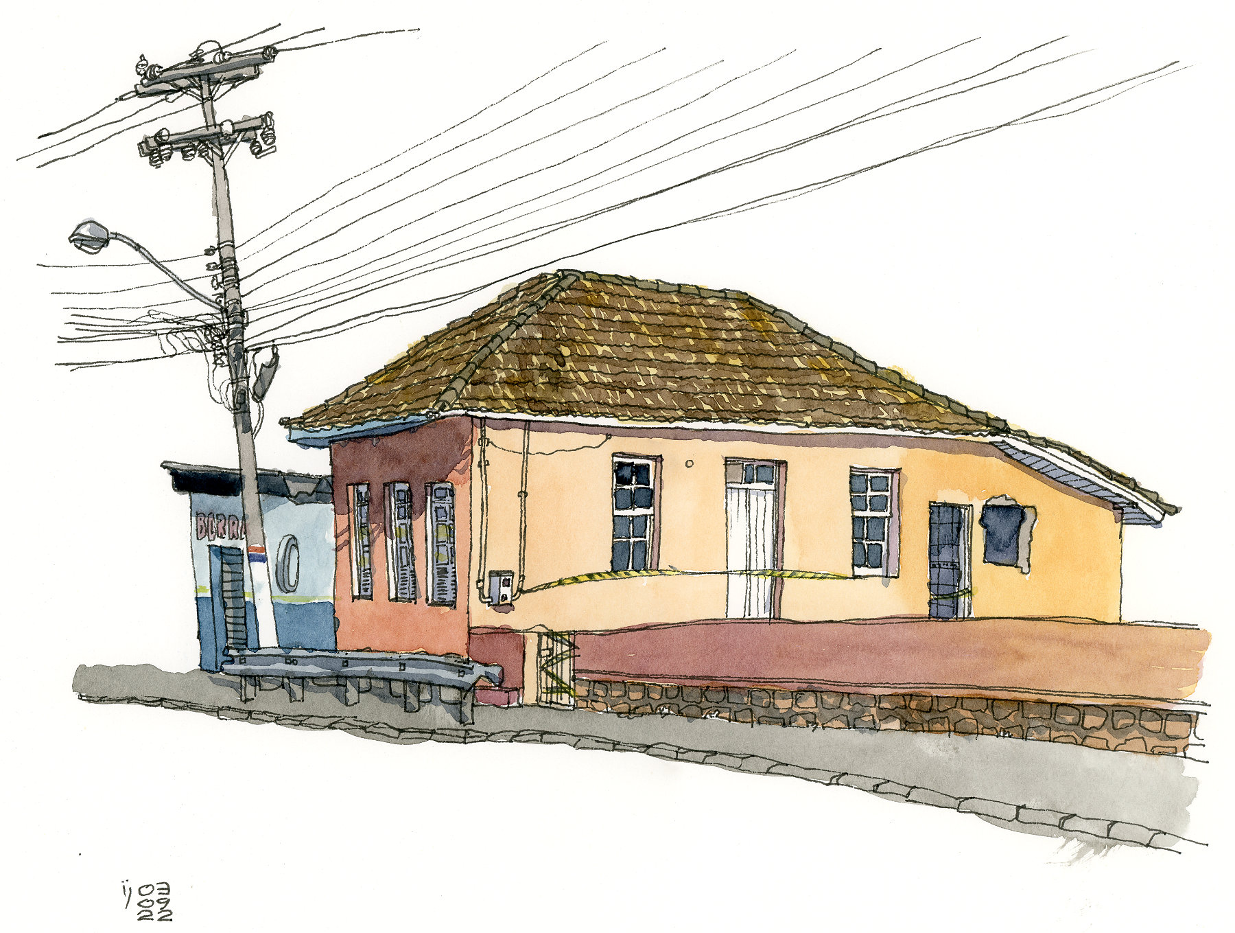 Desenho de uma casa térrea, ao lado de uma borracharia
