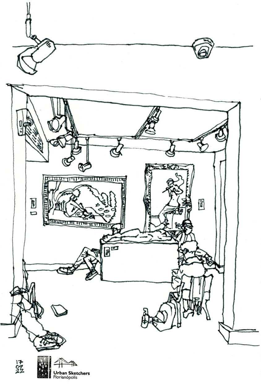 Desenho mostrando pessoas desenhando dentro de uma sala do instituto Collaço Paulo