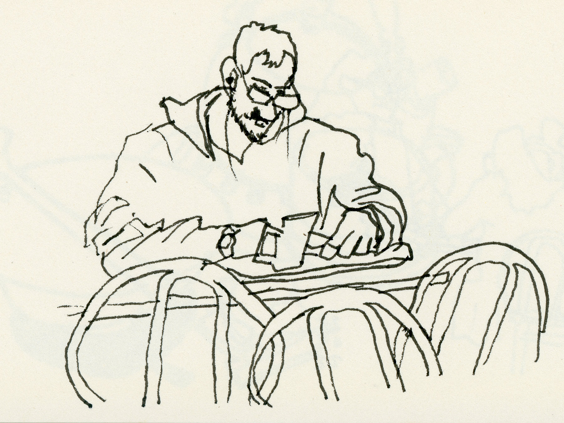 Desenho de um rapaz sentado na mesa tomando café