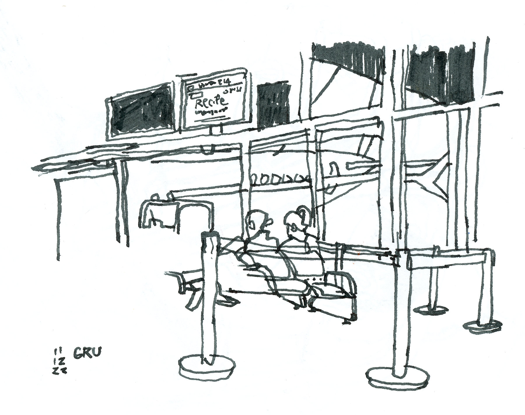 Desenho a traço de pessoas na sala de embarque de um aeroporto. Ao fundo, avista-se um avião pousado