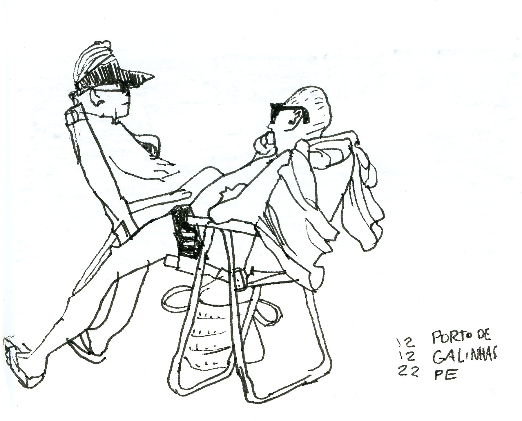 Desenho de um casal em cadeiras de praia. Roupa pendurada no encosto sugere vento