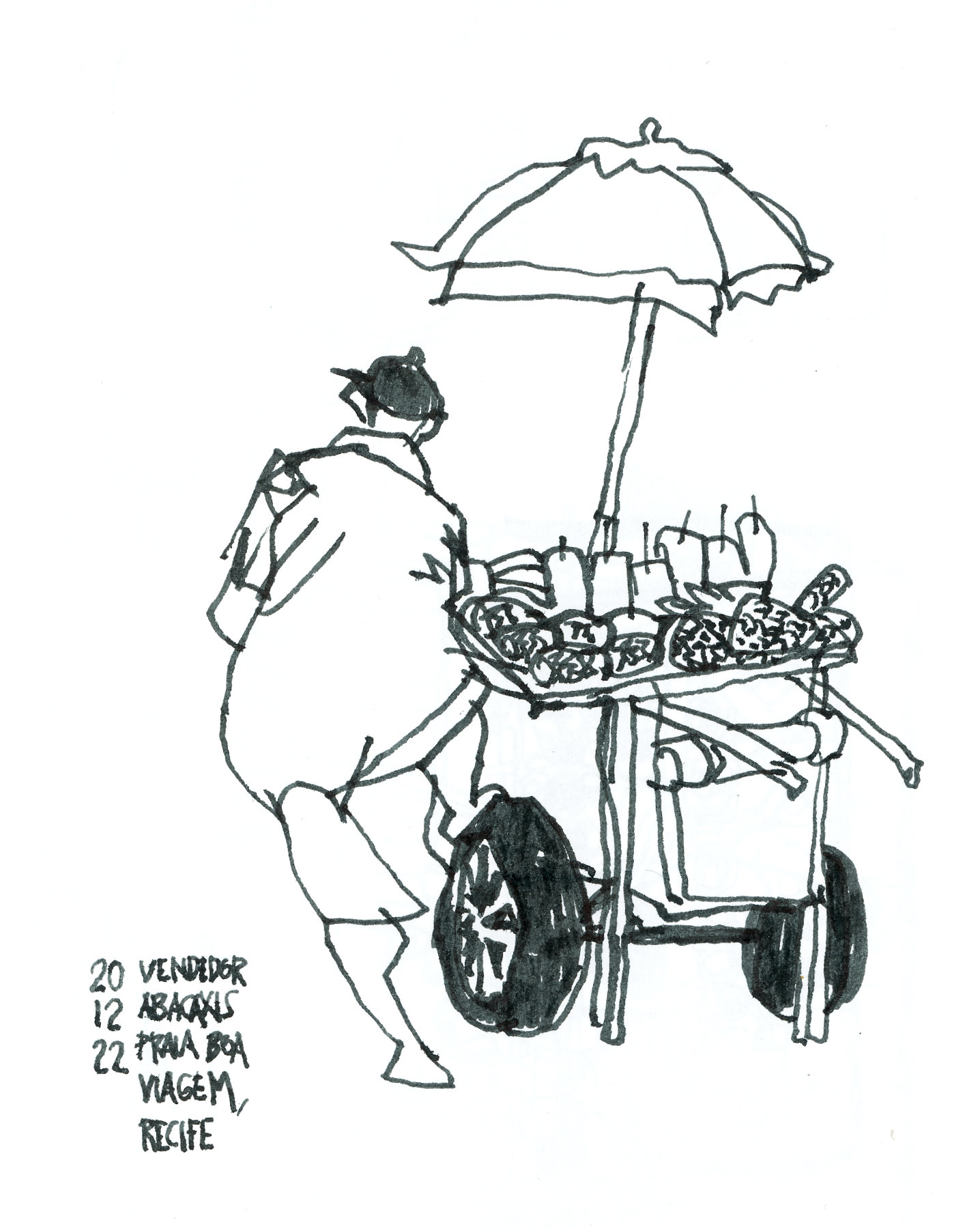 Desenho a traço de vendedor ambulante de abacaxi apoiado sobre a roda do carrinho