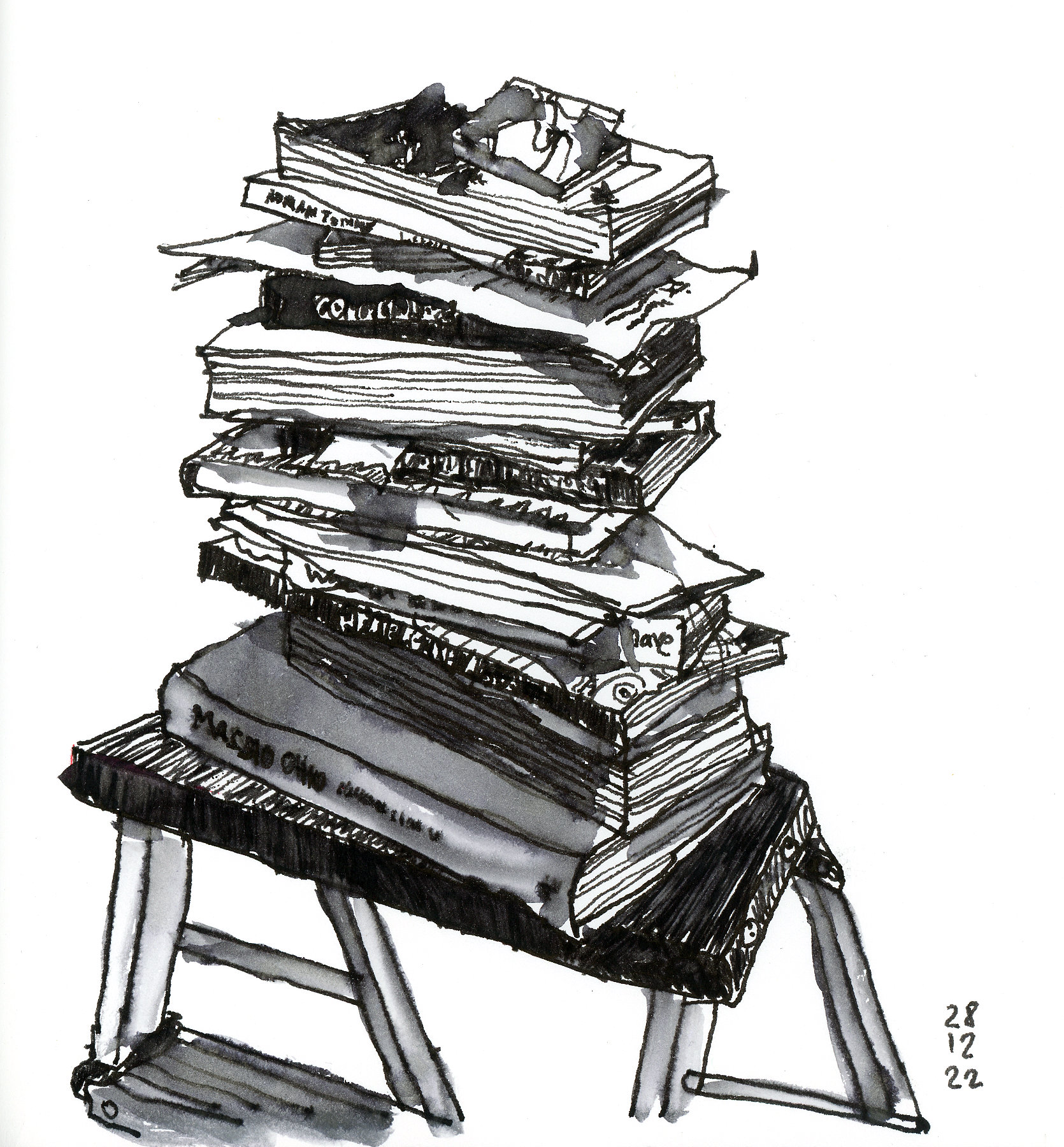 Desenho a traço em preto e branco mostrando pilha de livros sobre uma escada de 3 degraus