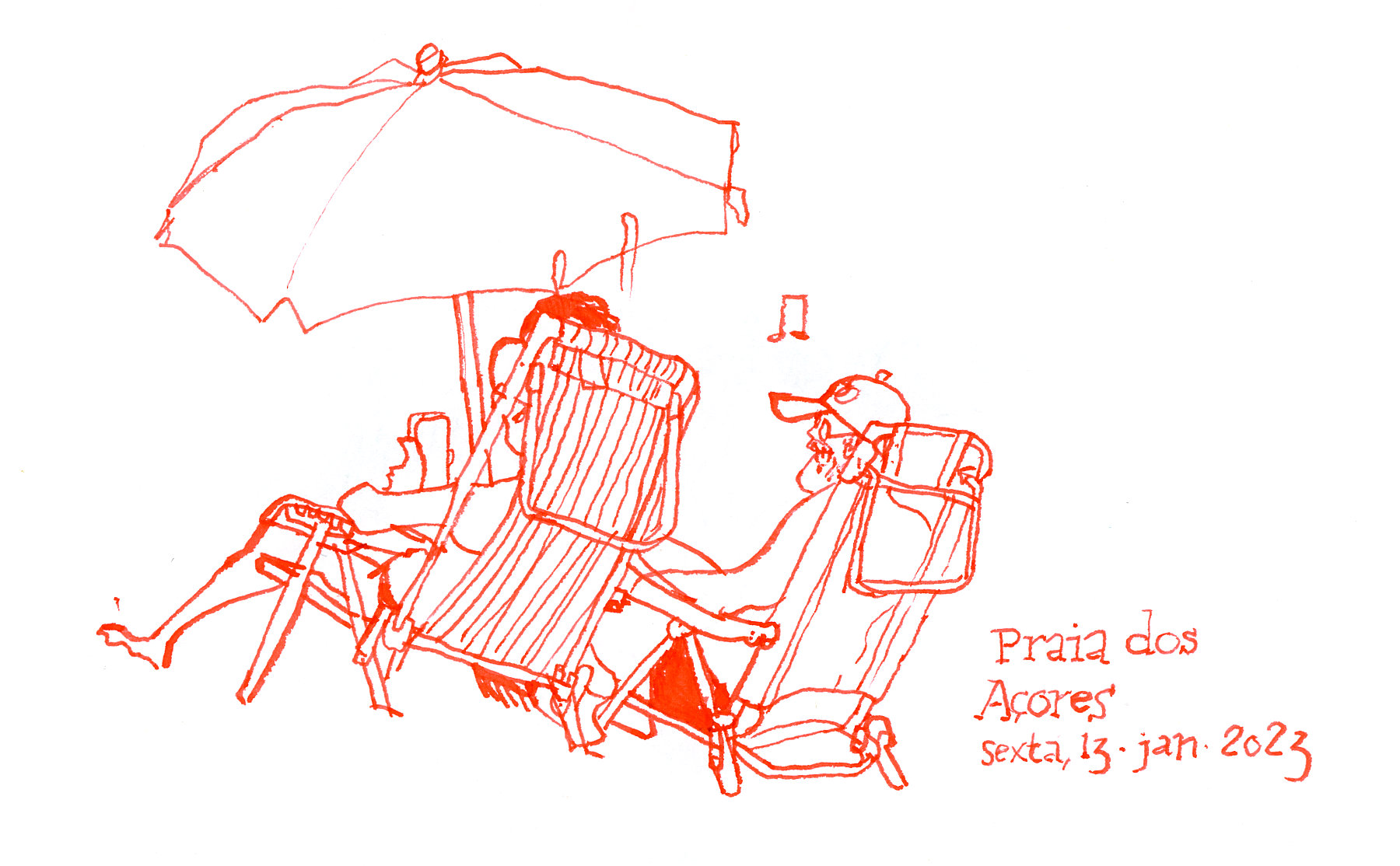 Desenho com traço vermelho de um casal de banhistas sentados em cadeiras de praia sob um guarda-sol