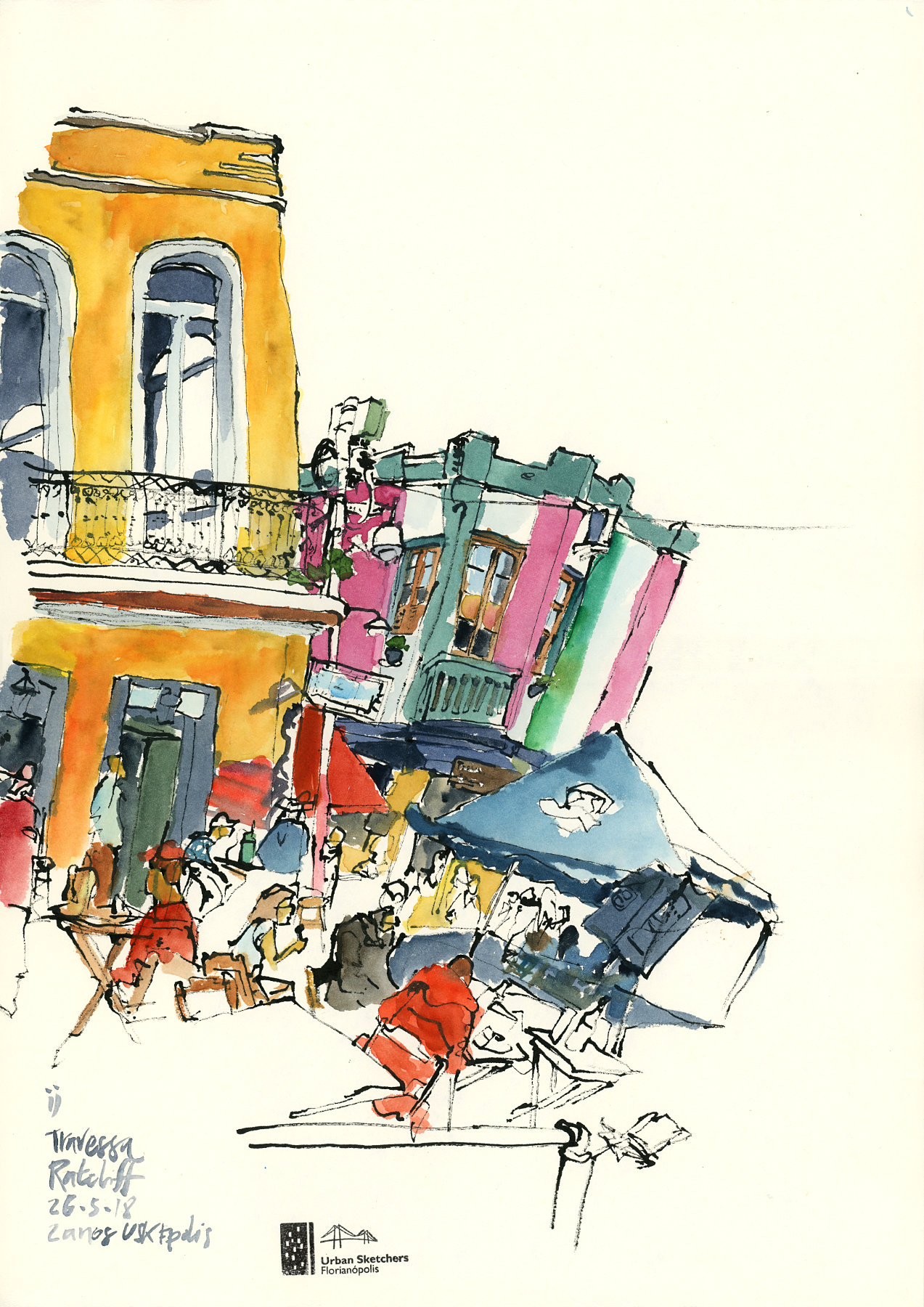 Desenho a nanquim e aquarela mostrando a esquina da travessa Ratcliff com dois casarões e clientes sentados nas mesas da rua em primeiro plano