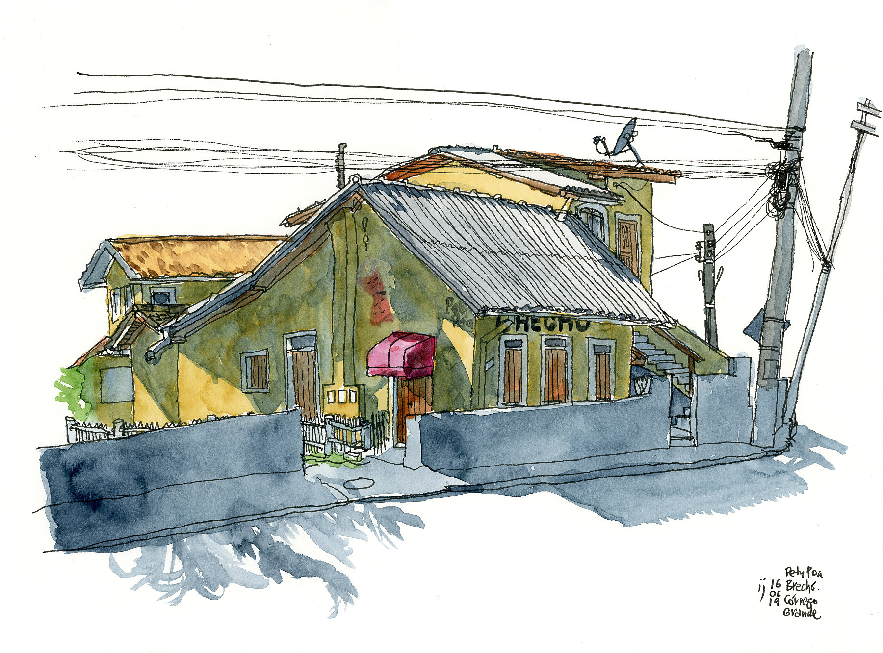 Desenho a traço, colorido, de um conjunto de casas com o muro e os postes. Na da frente, lê-se brechó.
