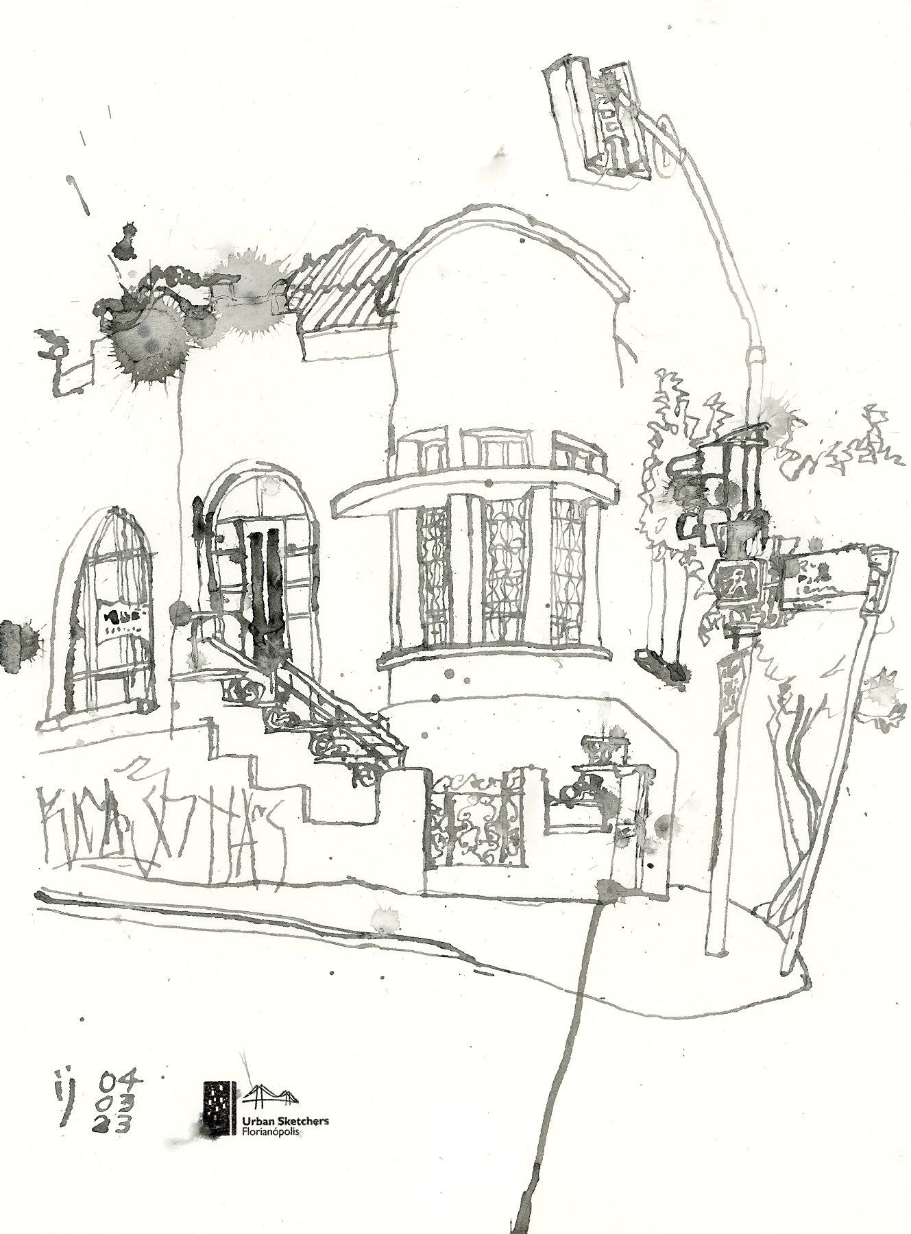 Desenho com traços cinzas da fachada de uma casa com o semáforo em primeiro plano. Há manchas de respingo de tinta por todo o papel.