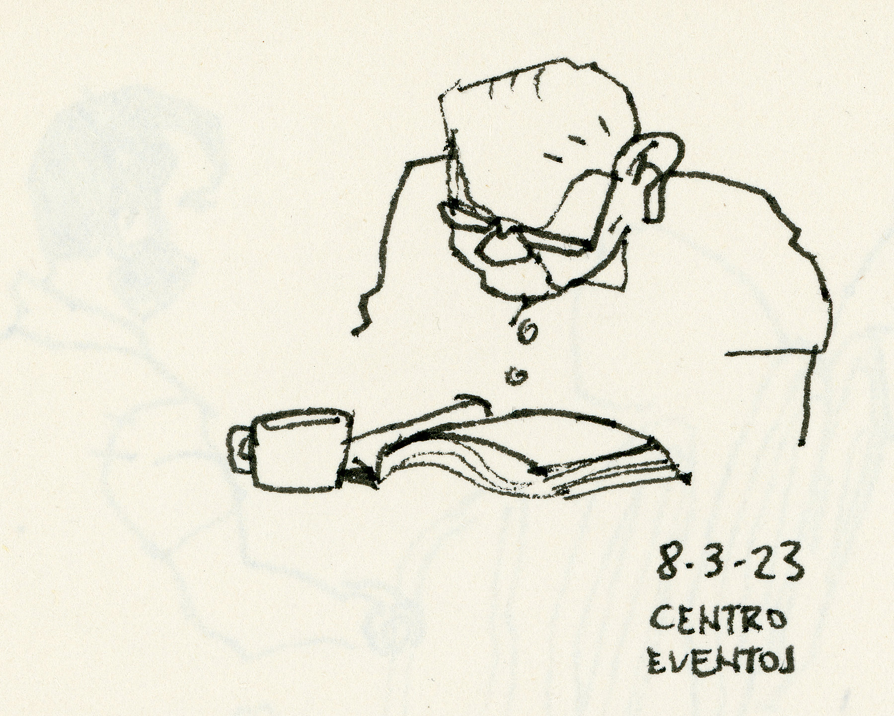 Desenho a traço de um senhor olhando para um livro apoiado na mesa, com uma xícara de café