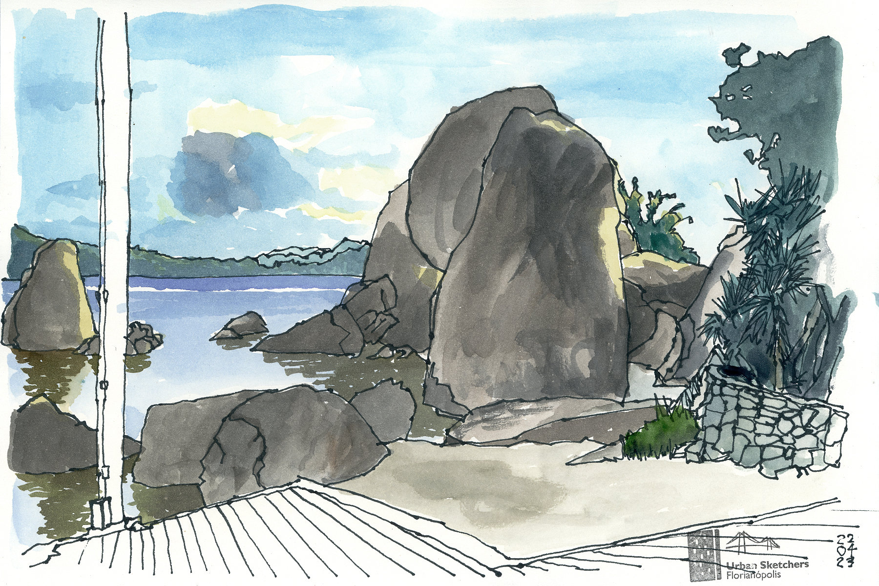 Desenho mostrando um deck em primeiro plano com pedras de tamanhos variados ao fundo, por onde se vê parte do mar e o céu