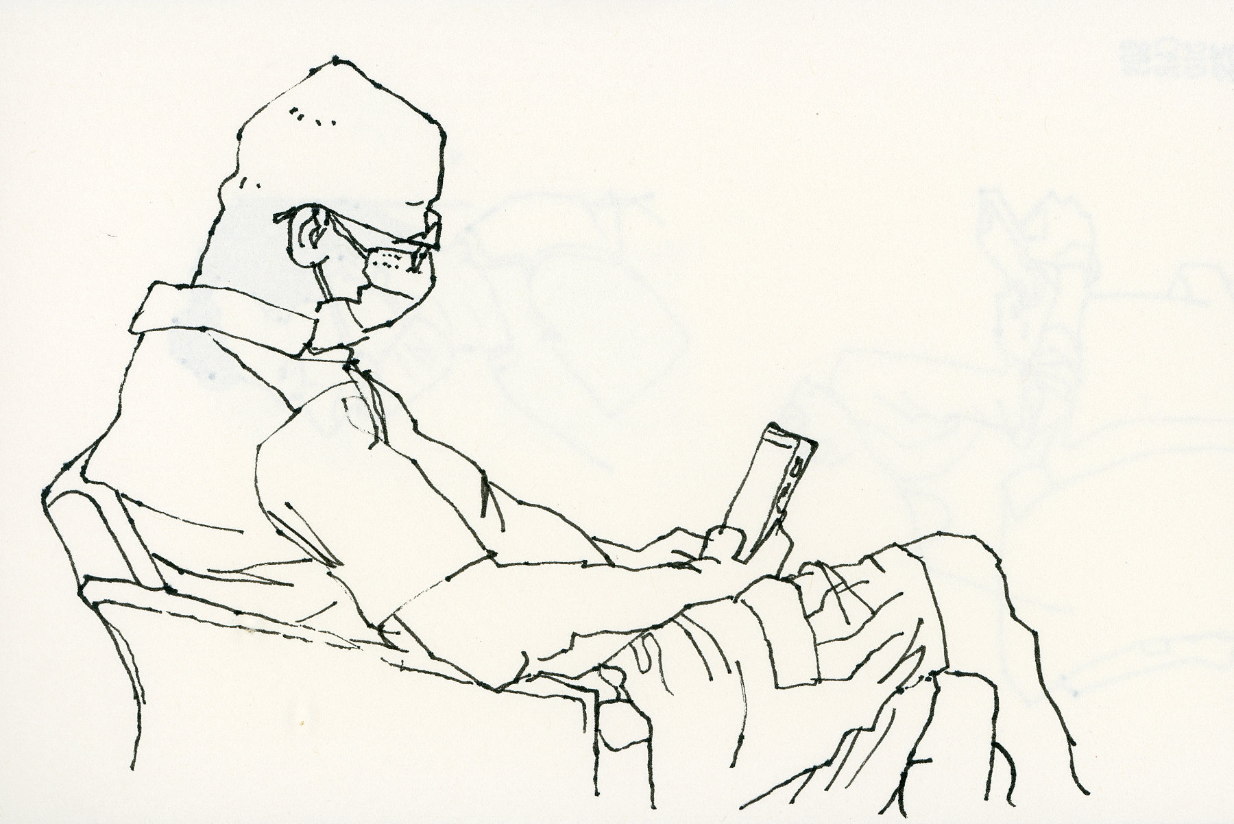 Desenho a traço de um senhor sentado de pernas cruzadas, usando máscara e olhando o celular
