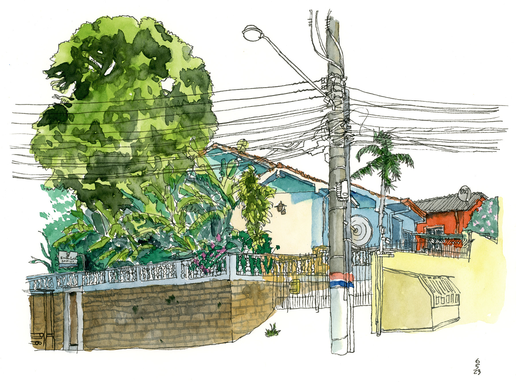 Desenho a traço e colorido com aquarela mostrando duas casas atrás de um muro e de vegetação