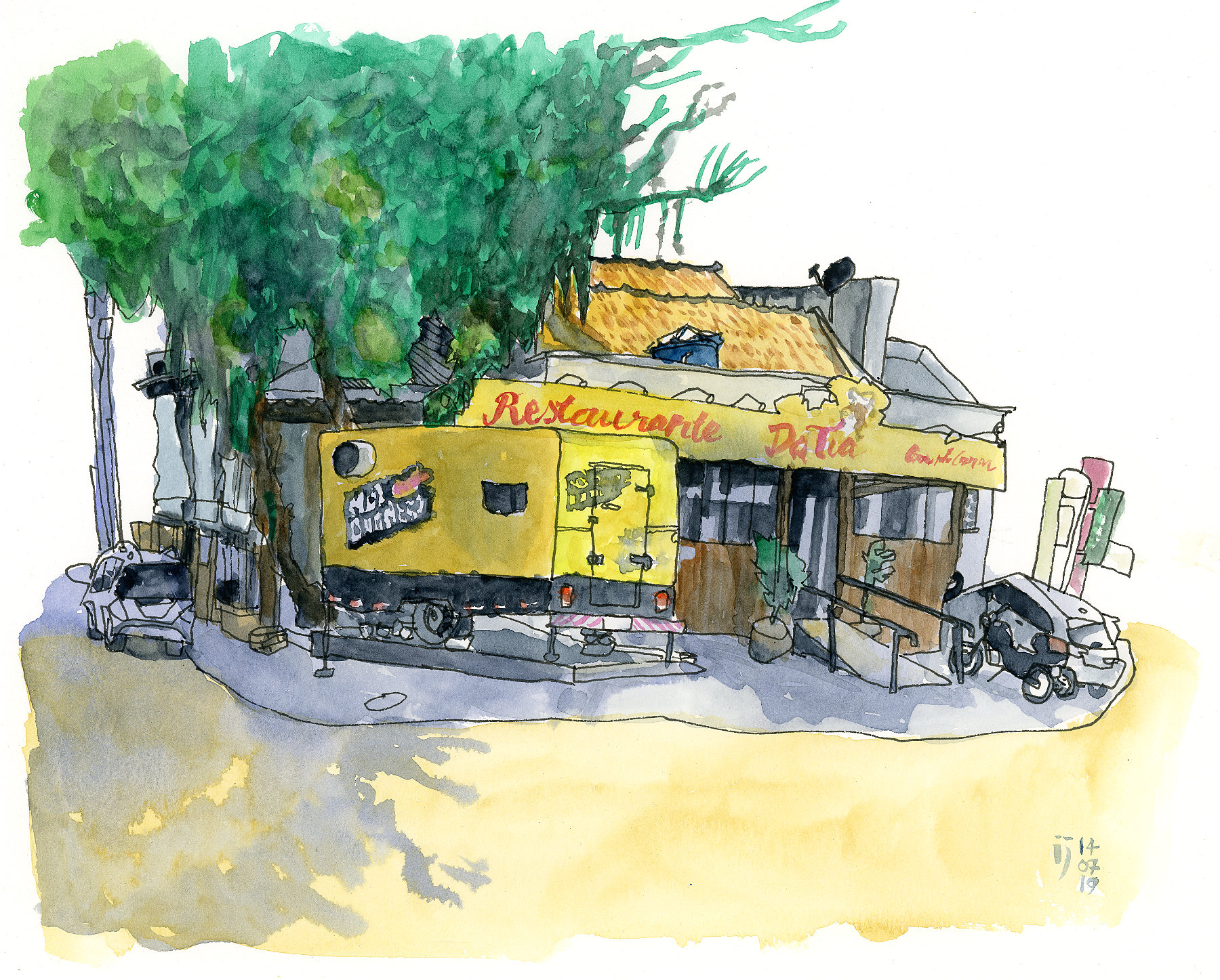 Desenho a traço colorido mostrando fachada de restaurante com trailer na frente