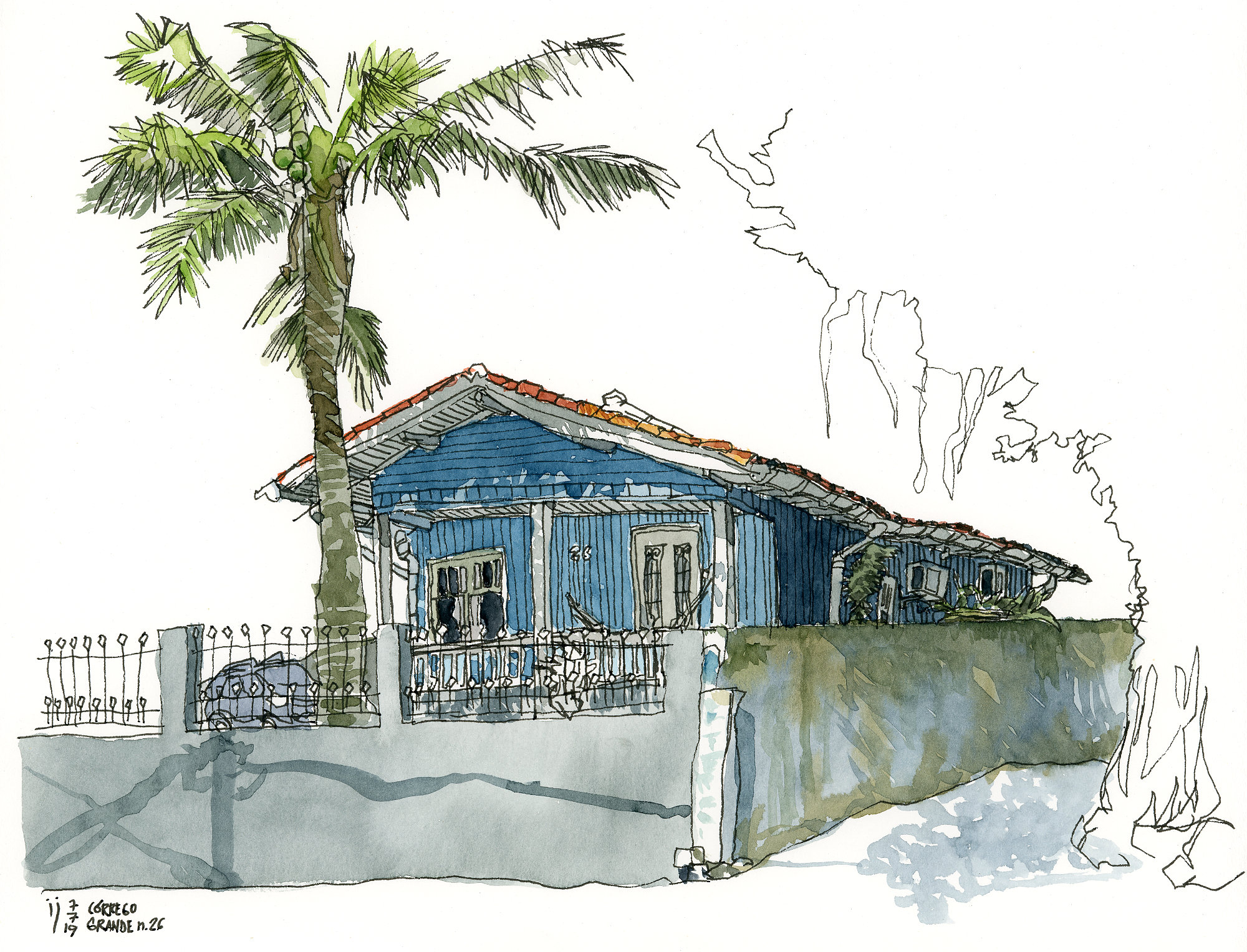 Desenho colorido de uma casa de madeira azul atrás de um muro cinza, com um coqueiro à frente