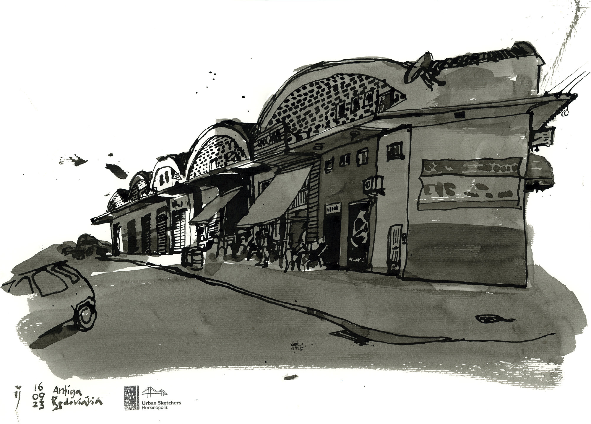Desenho em preto e branco da antiga rodoviária de Florianópolis mostrando os dois bares e outros estabelecimentos na fachada da avenida Hercílio Luz