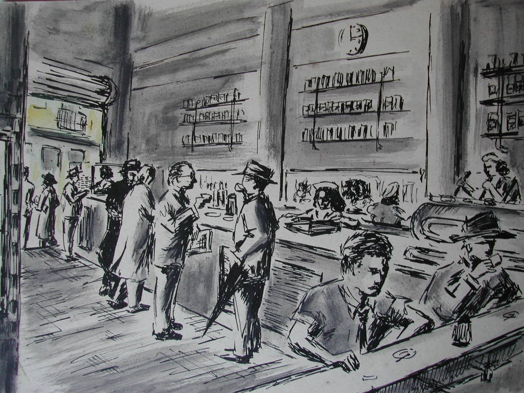 Desenho a traço, de Hassis, mostrando o interior do café Ponto Chic e seus frequentadores.