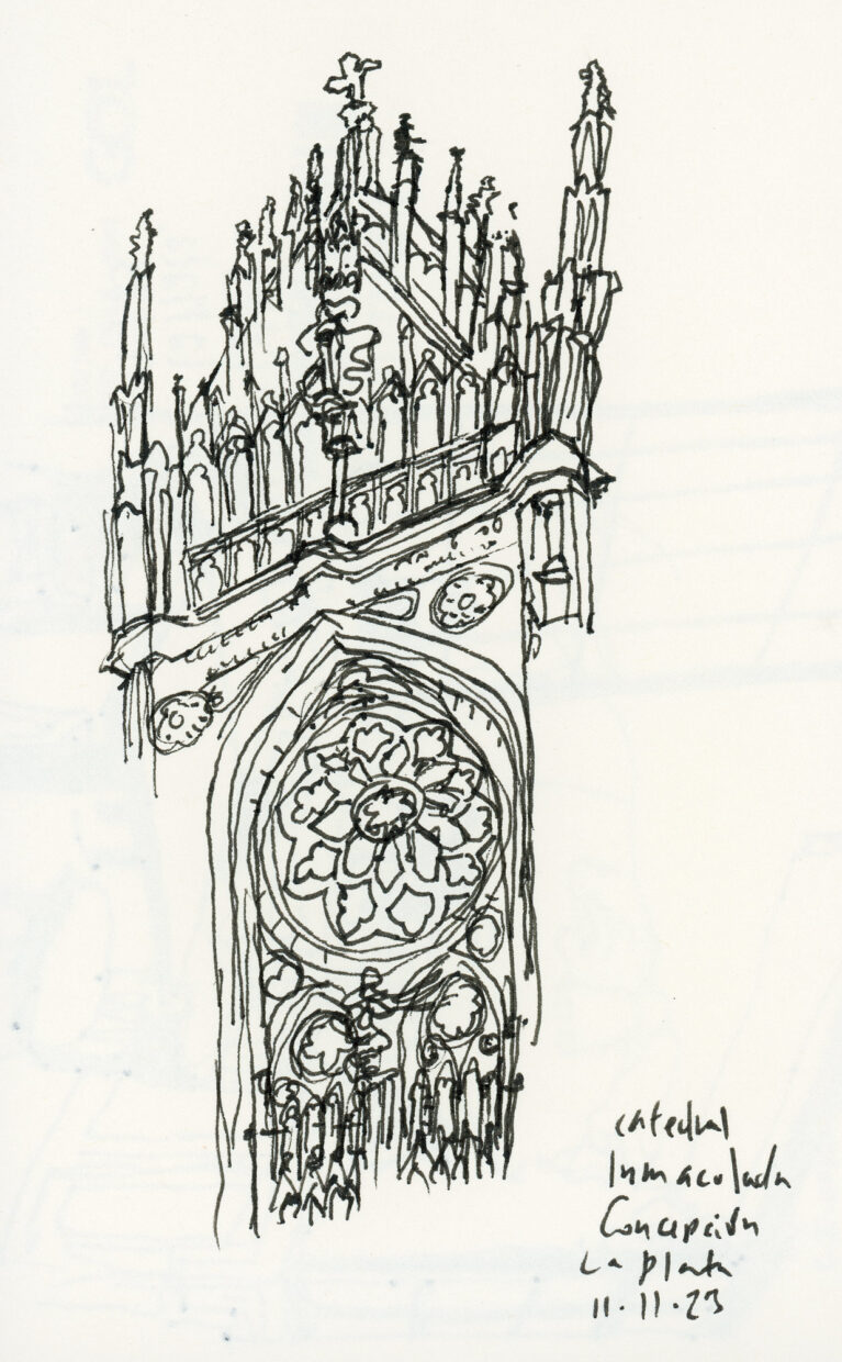 Desenho a traço mostrado parte da fachada da catedral de La Plata
