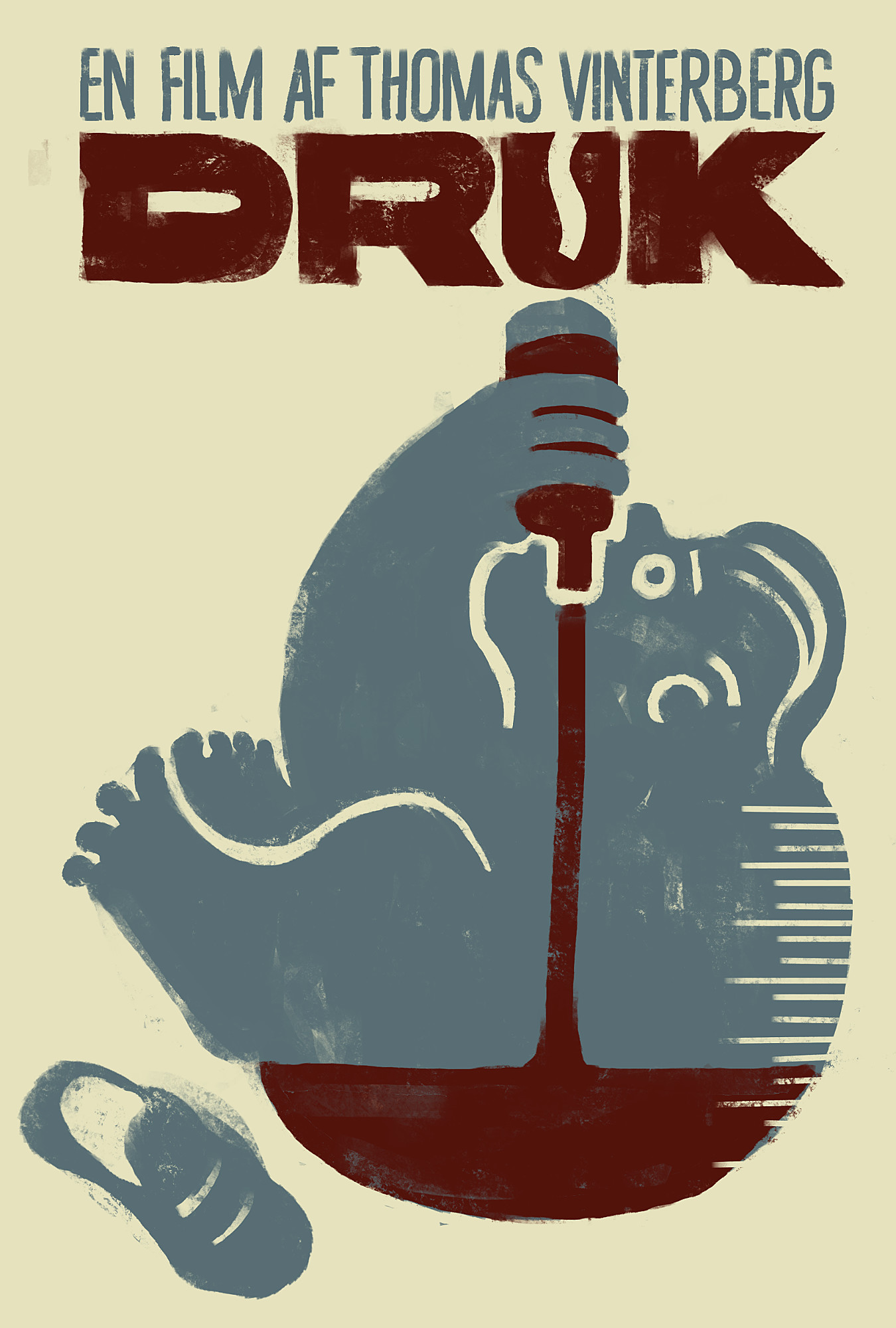 Cartaz alternativo para o filme “Druk - Mais uma Rodada”, mostrando o desenho de um homem encolhido entornando uma garrafa de vinho. É possível ver o vinho caindo dentro de seu corpo, e há uma gradação de volume em suas costas