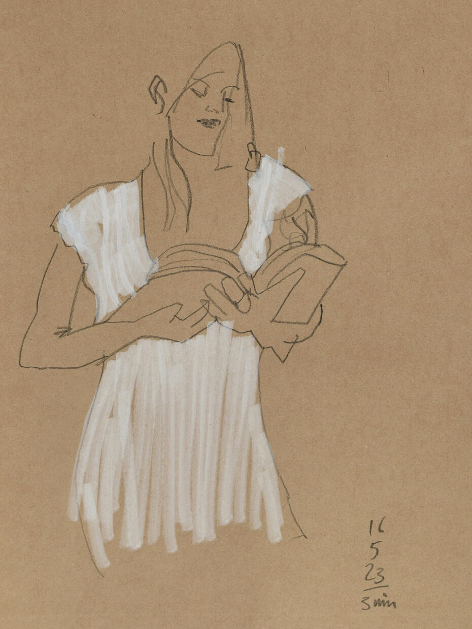 Desenho a grafite e tinta branca de uma mulher em pé lendo um livro