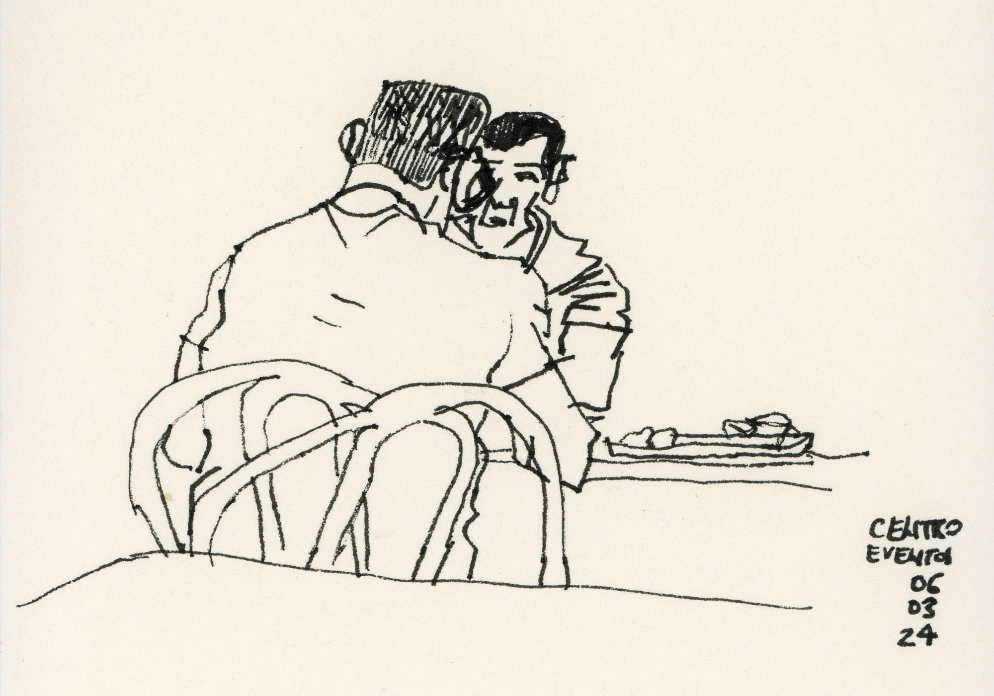 Desenho a traço de dois homens sentados em uma mesa, um de frente pro outro