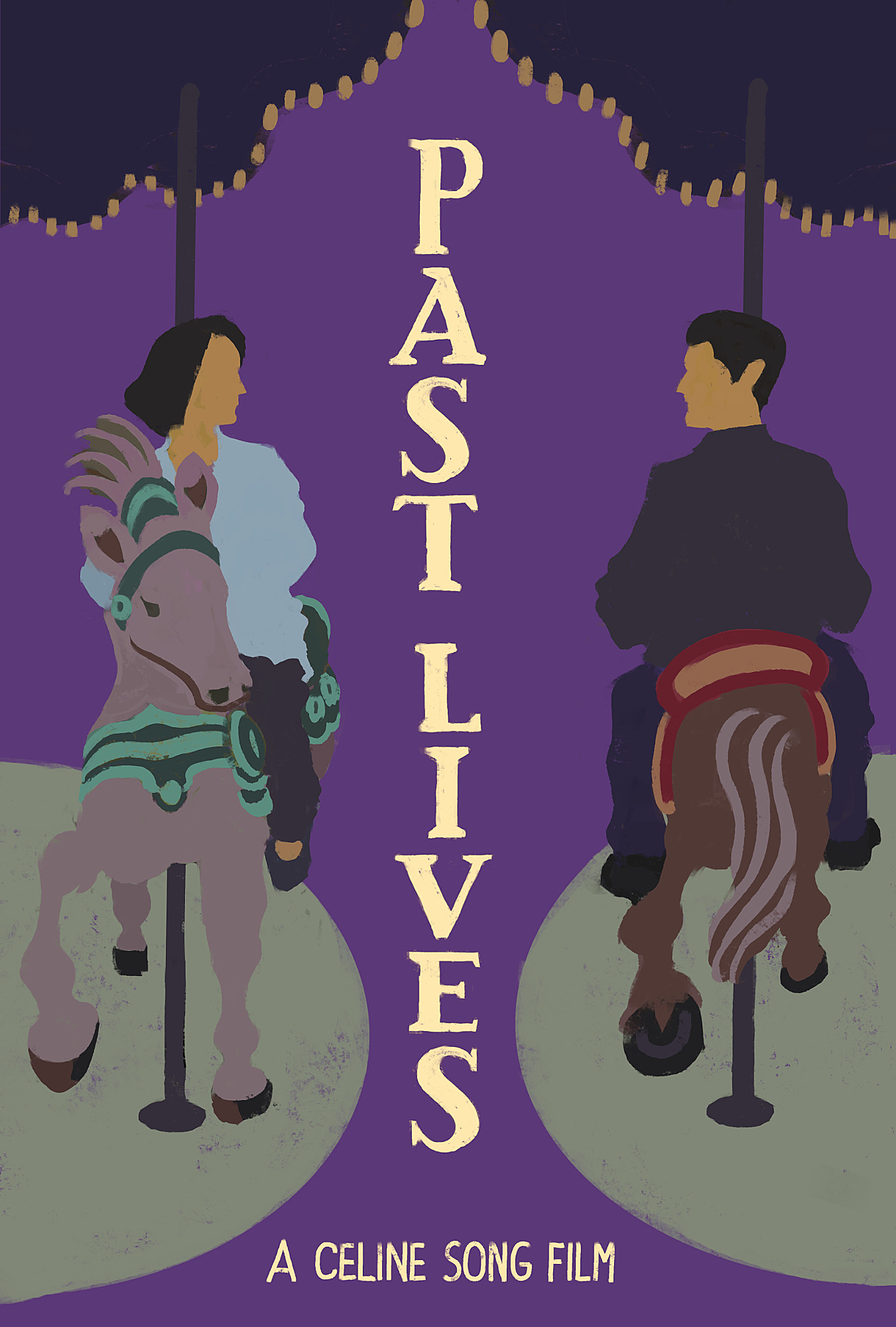 Cartaz alternativo, do próprio autor, Ivan Jerônimo, do filme “Vidas Passadas” (Past Lives), mostrando um homem e uma mulher montados em cavalos de carrosséis que giram em sentido oposto