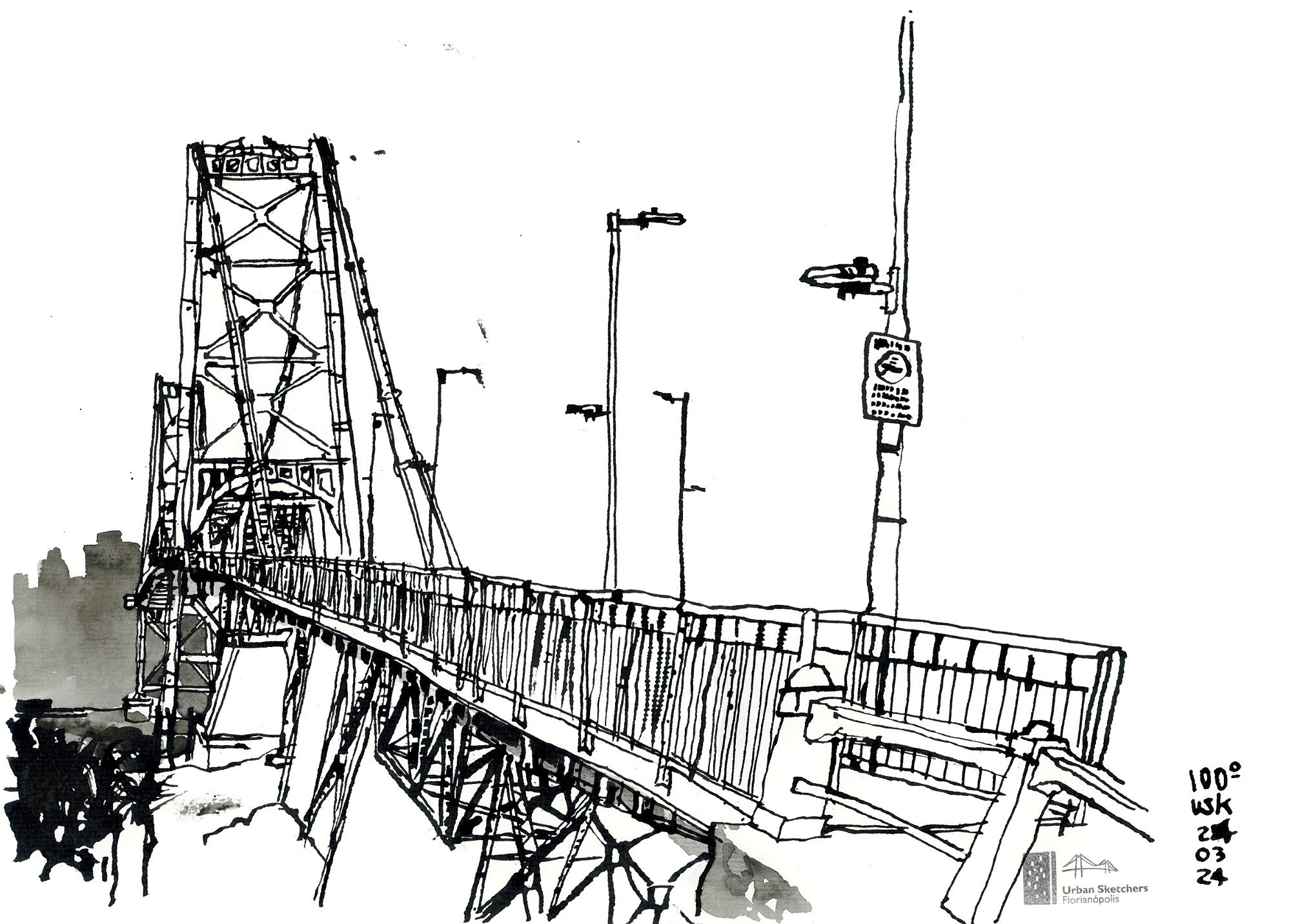 Desenho da ponte Hercílio Luz a partir do início da passarela de pedestres, mostrando as duas torres, os postes e, ao fundo, os prédios do continente em silhueta