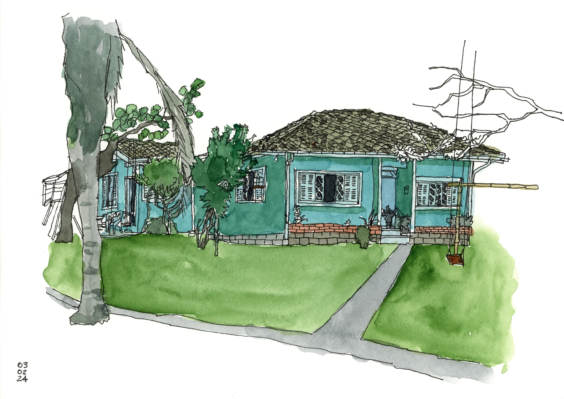 Desenho mostrando uma casa comum, térrea, com duas janelas na fachada, com gramado em frente e árvores ao redor. Desenho a traço colorido com aquarela