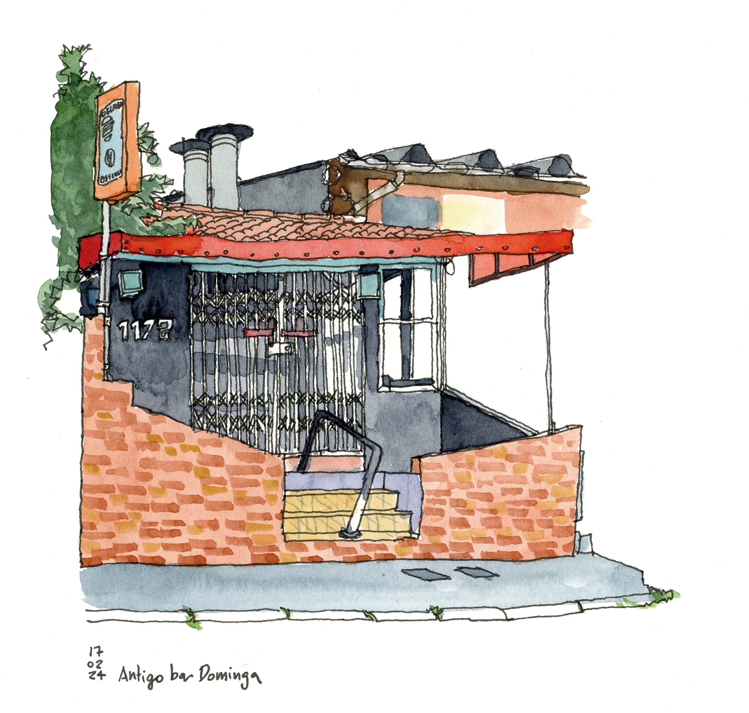 Desenho colorido de um estabelecimento que vende hambúrgueres. O acesso é feito por uma pequena escada e a porta tem a grade fechada