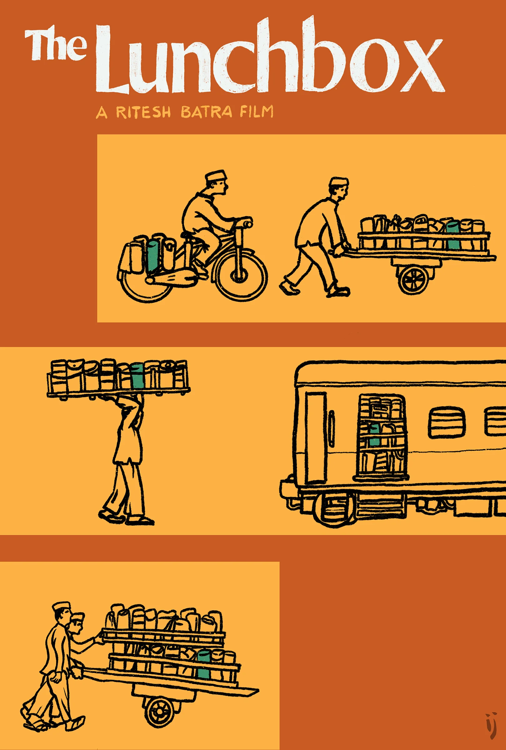 Cartaz alternativo para o filme A Lancheira (The Lunchbox) mostrando a marmita sendo transportada por bicicleta, carrinho, estrado, trem e carrinho novamente. No topo, os dizeres “The Lunchbox” e “A Ritesh Batra Film”
