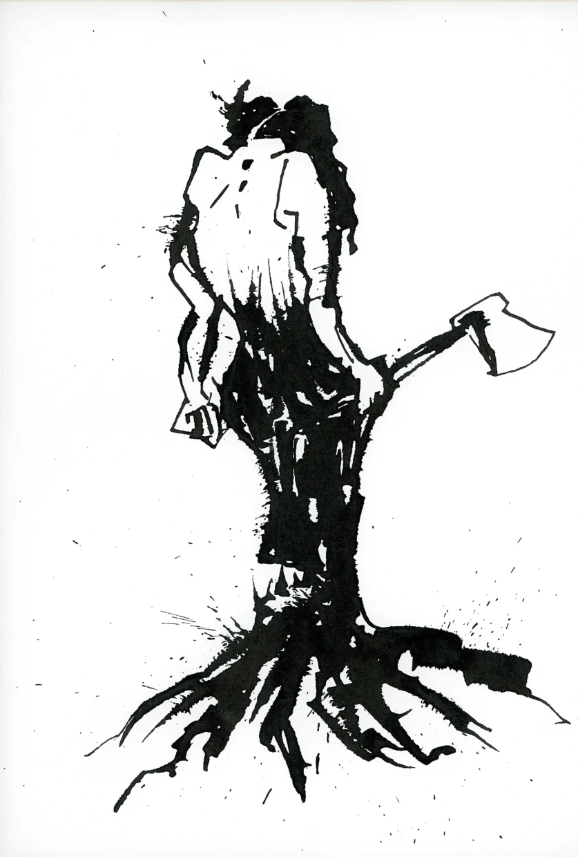 Desenho a traço preto mostrando uma mulher em pé, de costas, que se transforma em um tronco de árvore enraizado da cintura pra baixo. Ela segura um martelo na mão direita