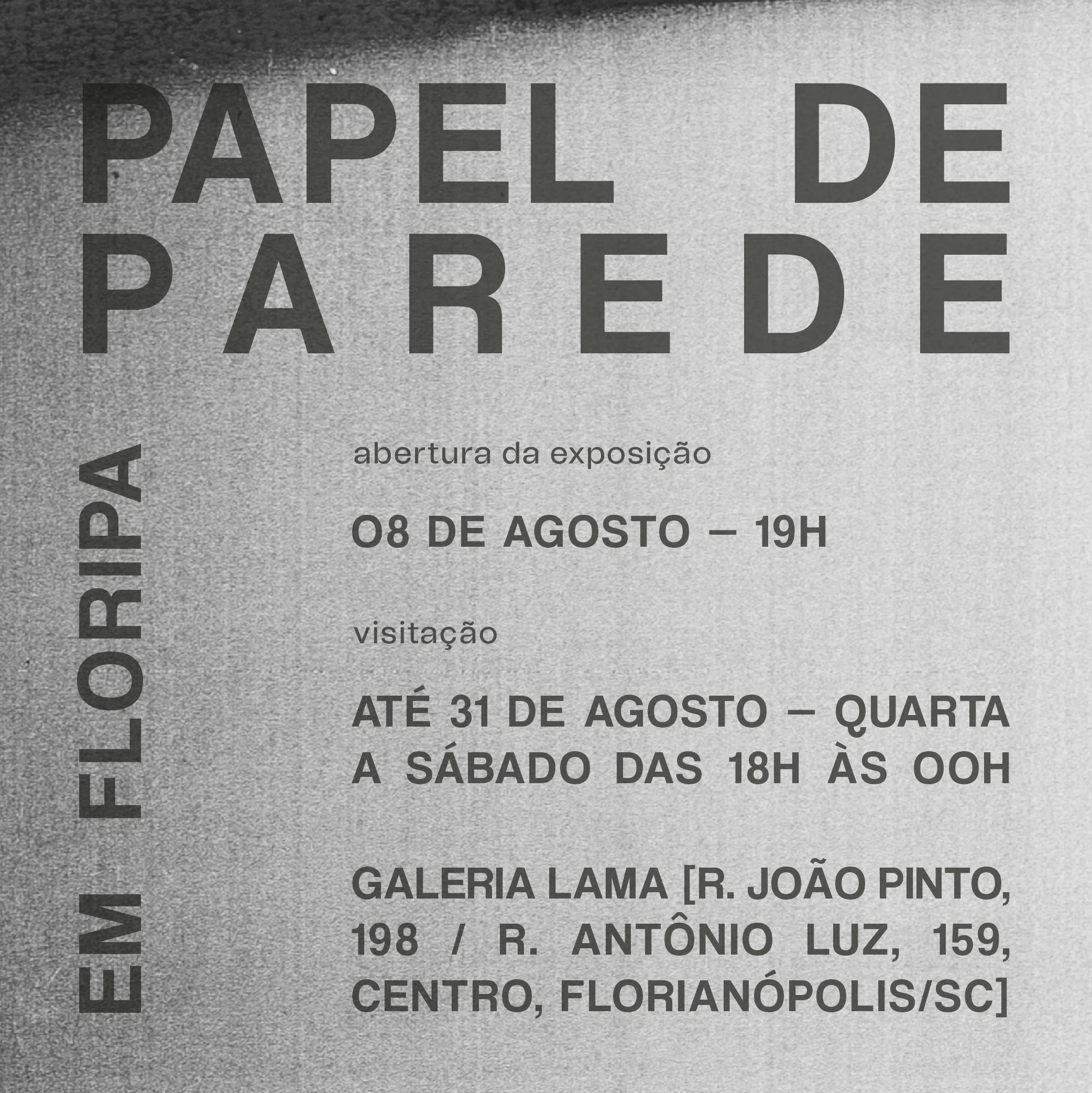 Papel de Parede Abertura: 8 de agosto de 2024 às 19h Visitação: até 31 de agosto, de quarta a sábado, das 18h às 0h Galeria Lama - Calçadão da João Pinto, 198, ou Antônio Luz, 159, Centro, Florianópolis, SC