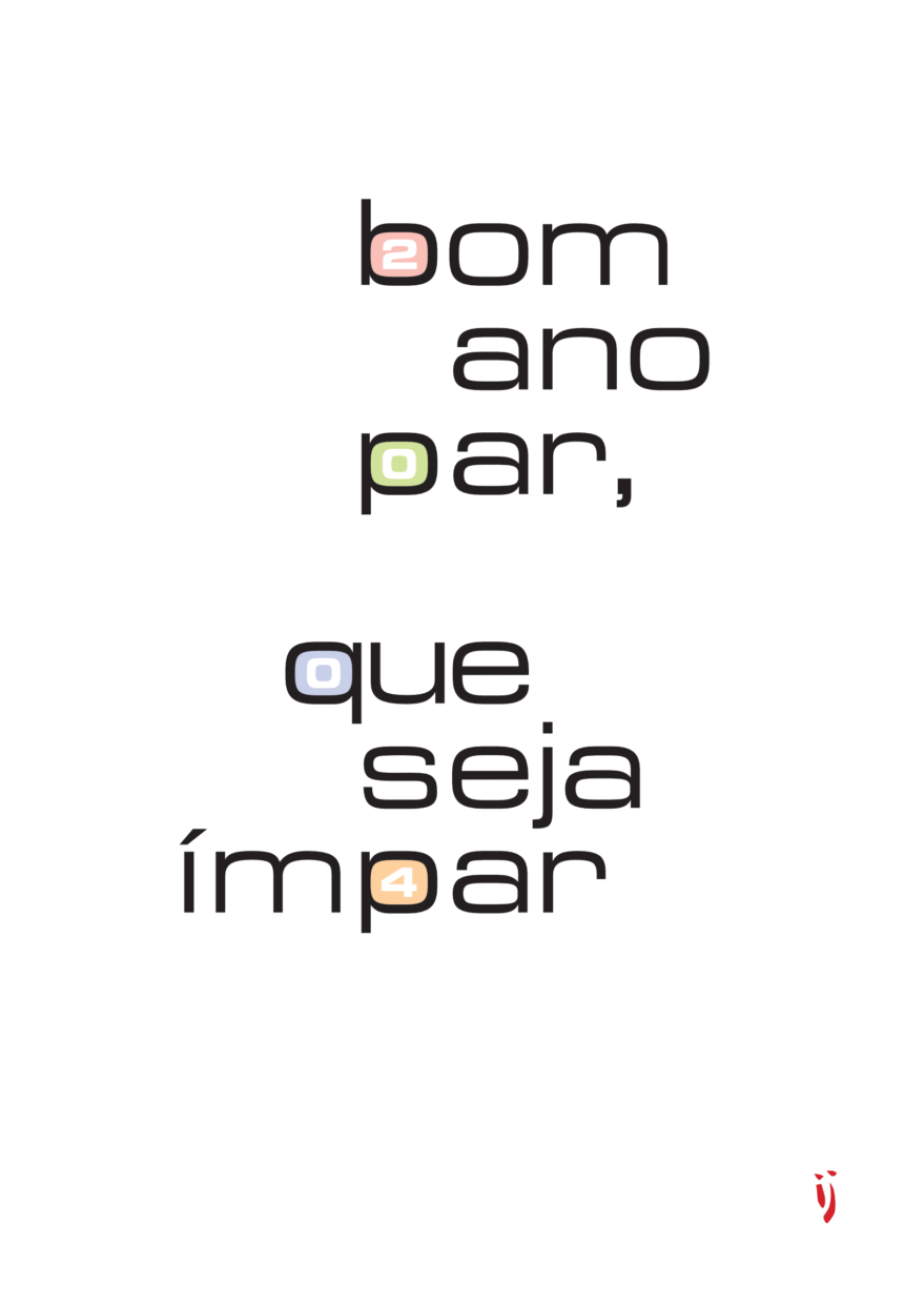 Cartao de ano novo de 2004, onde se lê: “bom ano par, que seja ímpar”. Os espaços dentro das letras P e Q estão preenchidos com os numerais formando o ano 2004. Embaixo, a assinatura do autor.