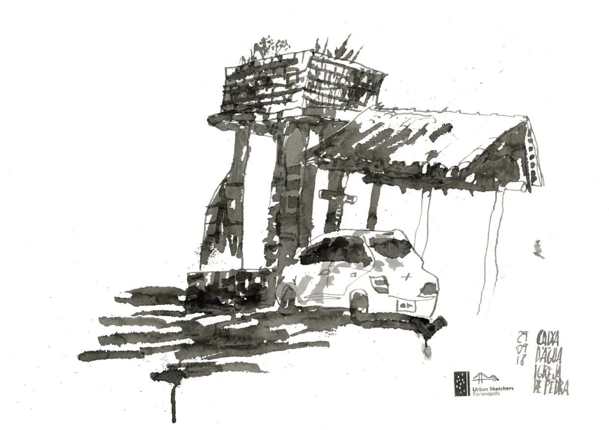 Desenho em tons de cinza mostrando uma caixa d'água com uma pequena cobertura com telha ao lado, que abriga um carro em sua sombra.