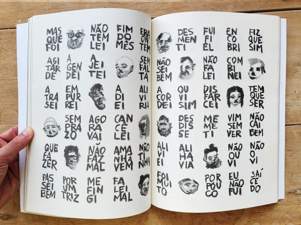 Livro aberto mostrando a contribuição ao autor Ivan Jerônimo, com frases curtas espalhadas pelas páginas e alternadas com desenhos de rostos.