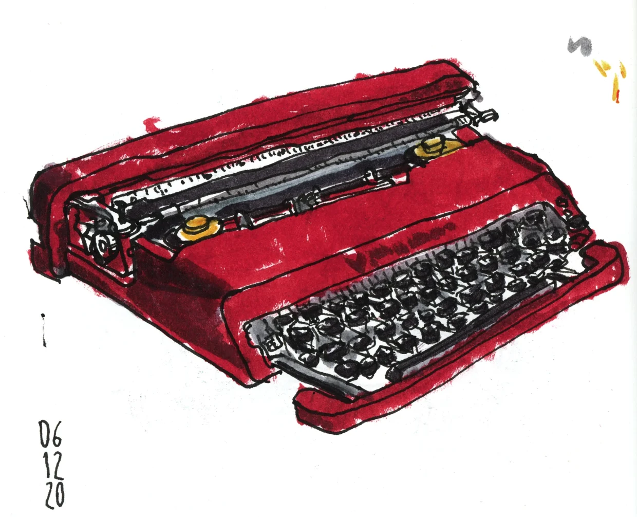 Desenho colorido de uma máquina de escrever vermelha com a data de 06/12/20