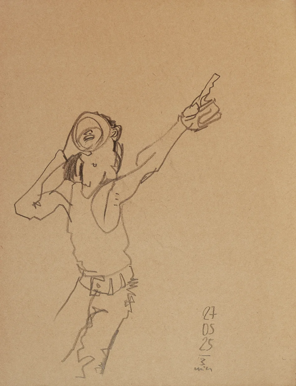 Desenho a grafite mostrando um rapaz em pé, segurando um objeto cilíndrico perto da boca, e apontando para cima. Nota no canto da folha: “27/05/25 - 3 min”