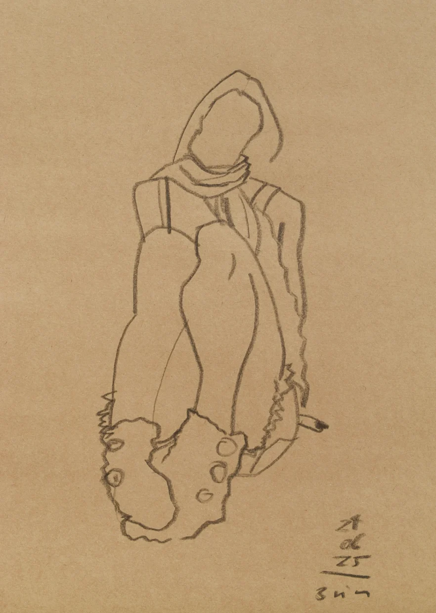 Desenho a grafite de uma moça sentada, com os joelhos pra cima, em primeiro plano. Nota no canto da folha: “24/06/25 - 3 min”