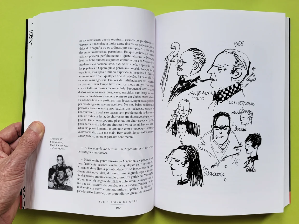 Página aberta do livro “Hugo Pratt - O desejo de ser inútil” com texto na página da esquerda e pequenos retratos na da direita