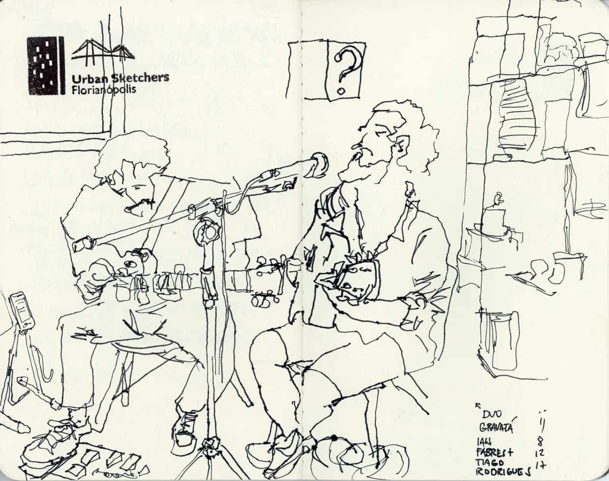 Desenho a traço mostrando dois músicos com violão e guitarra, sentados tocando